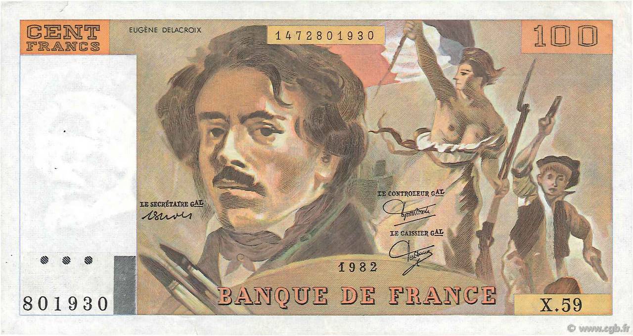 100 Francs DELACROIX modifié FRANCE  1982 F.69.06 VF+