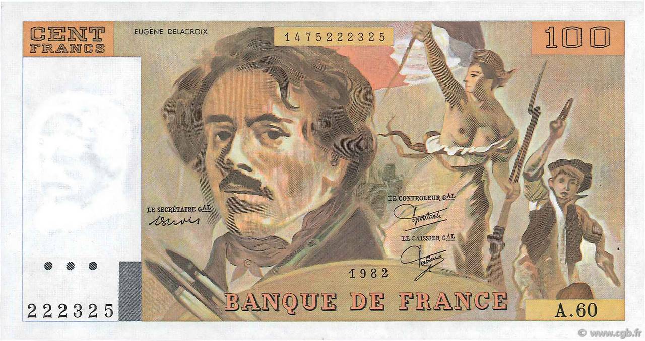 100 Francs DELACROIX modifié FRANCE  1982 F.69.06 XF+