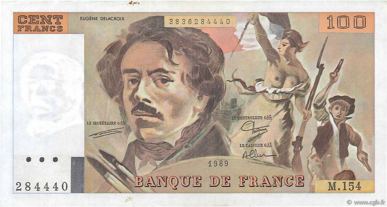 100 Francs DELACROIX modifié FRANCE  1989 F.69.13d VF+