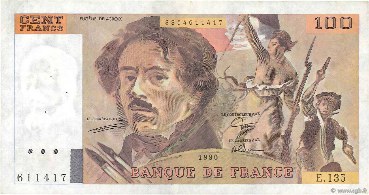 100 Francs DELACROIX imprimé en continu FRANCE  1990 F.69bis.01a VF+