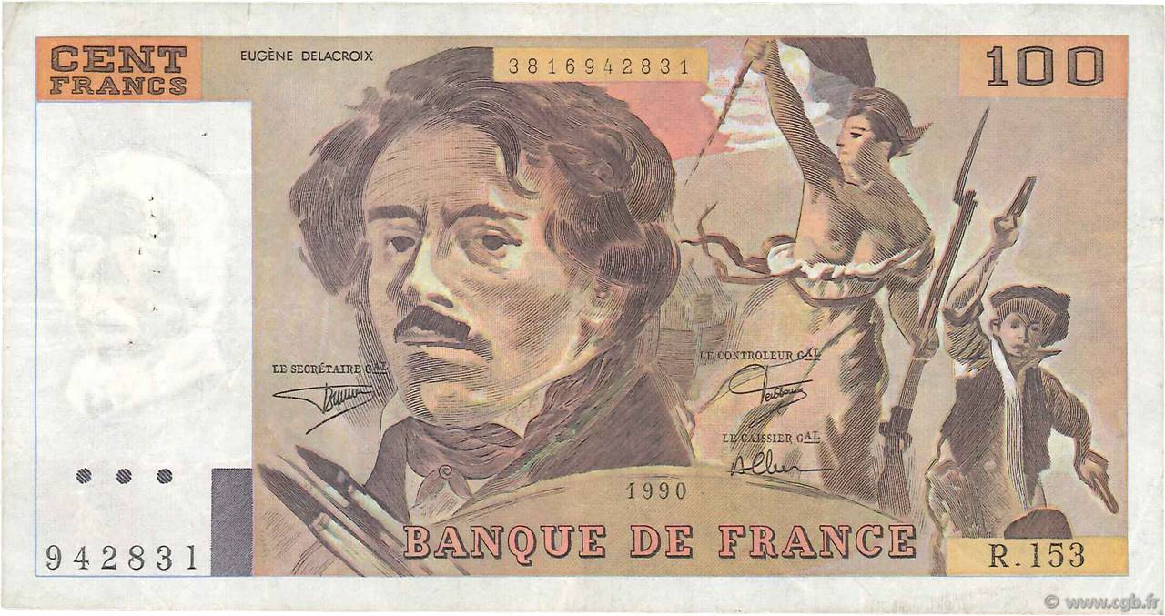 100 Francs DELACROIX imprimé en continu FRANCIA  1990 F.69bis.02a MBC