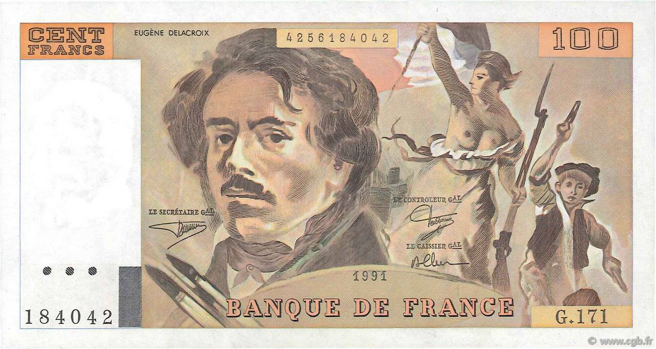 100 Francs DELACROIX imprimé en continu FRANCE  1991 F.69bis.03a3 SUP+