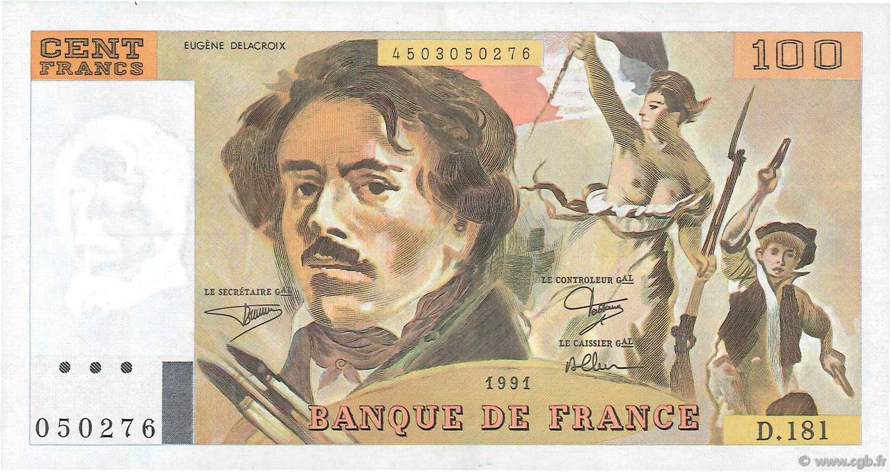 100 Francs DELACROIX imprimé en continu FRANCE  1991 F.69bis.03b1 SUP