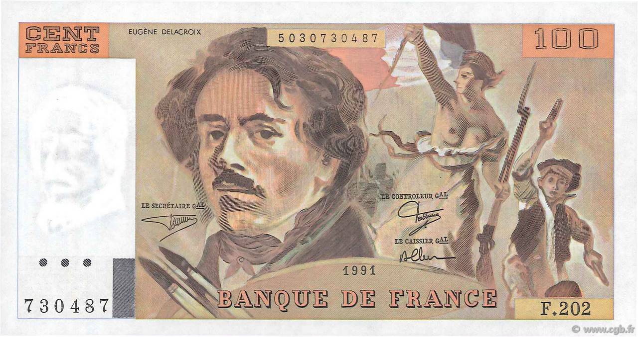 100 Francs DELACROIX imprimé en continu FRANCE  1991 F.69bis.03c1 UNC-