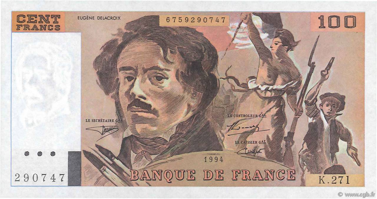 100 Francs DELACROIX 442-1 & 442-2 FRANKREICH  1994 F.69ter.01a fST