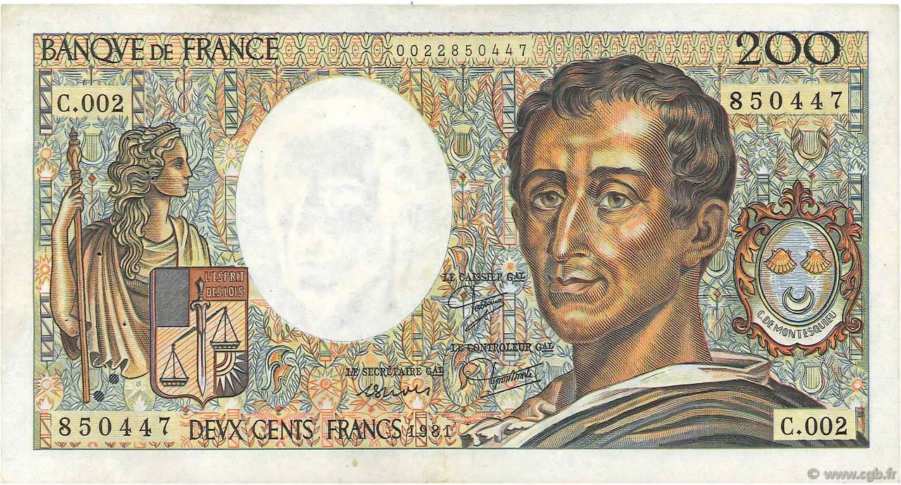 200 Francs MONTESQUIEU FRANCE  1981 F.70.01 VF