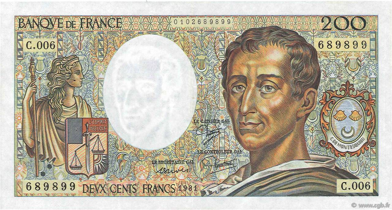 200 Francs MONTESQUIEU FRANCE  1981 F.70.01 XF