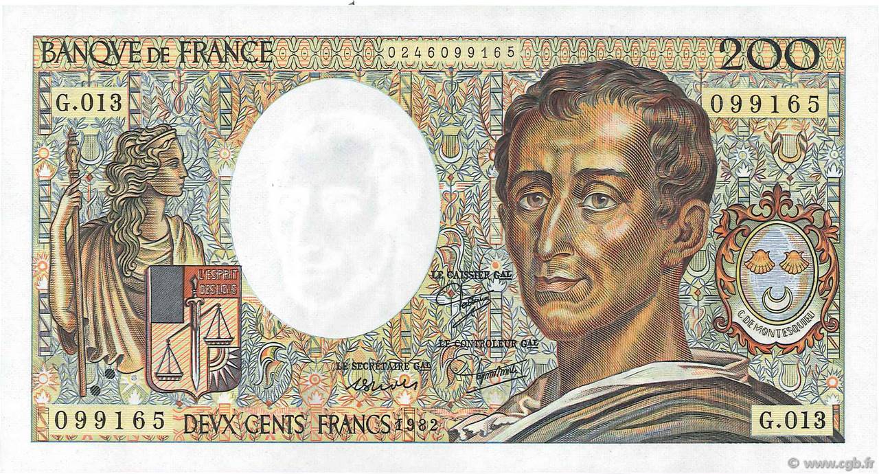 200 Francs MONTESQUIEU FRANKREICH  1982 F.70.02 fST+