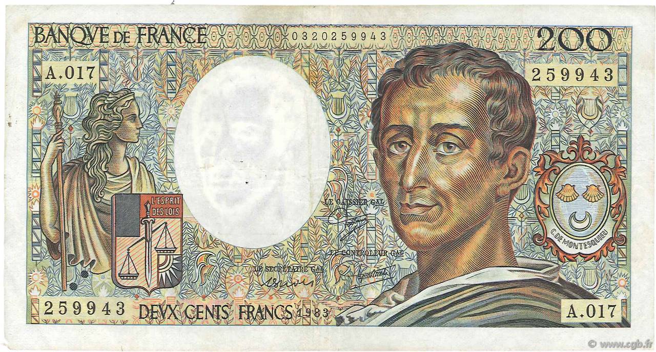 200 Francs MONTESQUIEU FRANCE  1983 F.70.03 F+