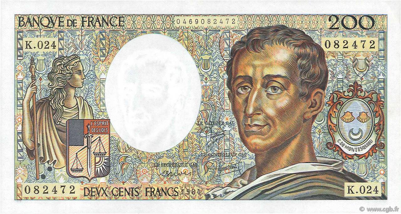 200 Francs MONTESQUIEU FRANCE  1984 F.70.04 AU-