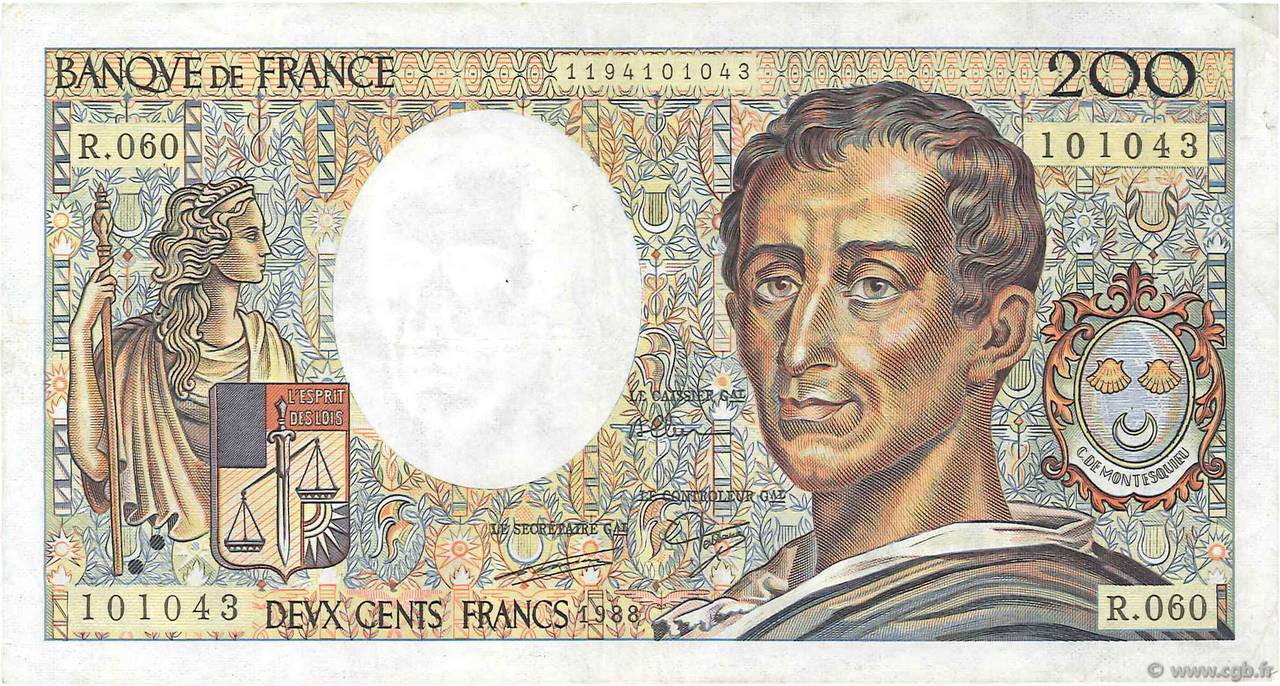 200 Francs MONTESQUIEU FRANCE  1988 F.70.08 VF