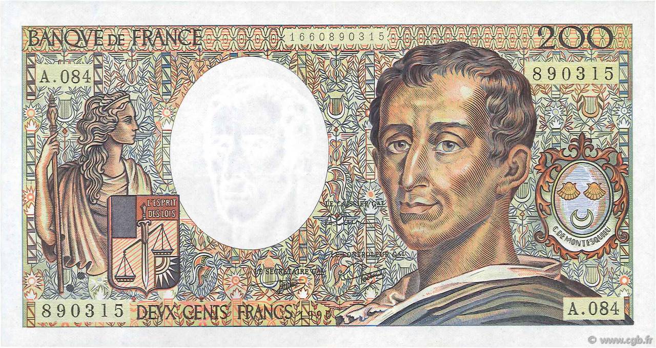 200 Francs MONTESQUIEU FRANCE  1990 F.70.10a XF