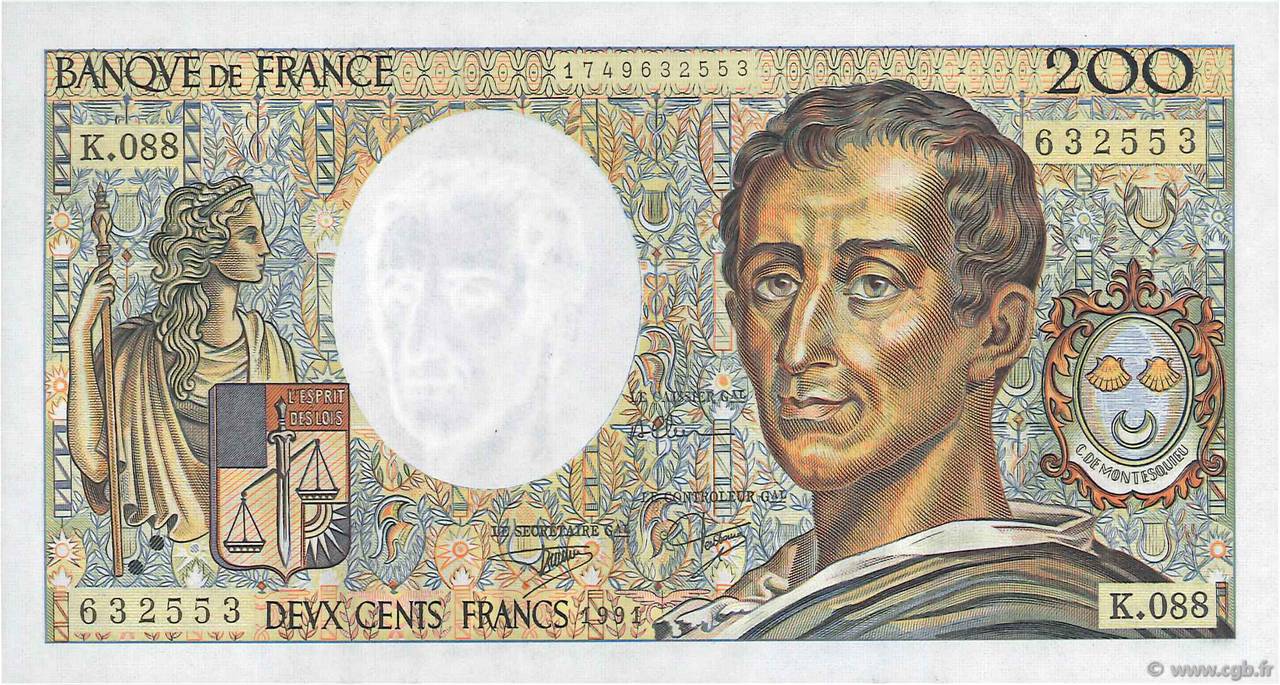 200 Francs MONTESQUIEU FRANCE  1991 F.70.11 UNC-