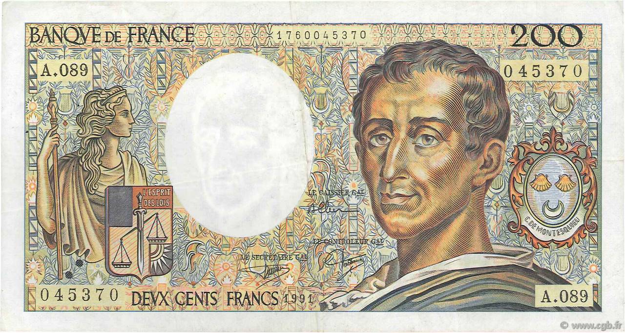 200 Francs MONTESQUIEU FRANCE  1991 F.70.11 VF