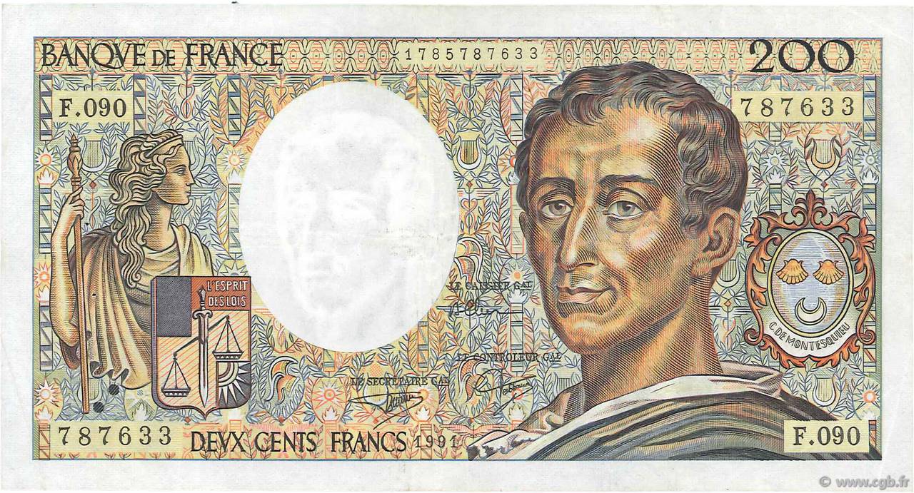 200 Francs MONTESQUIEU FRANCE  1991 F.70.11 VF+