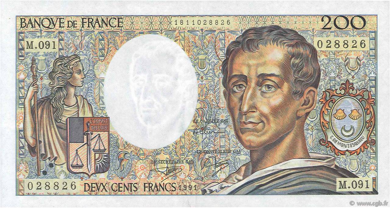 200 Francs MONTESQUIEU FRANCE  1991 F.70.11 XF+