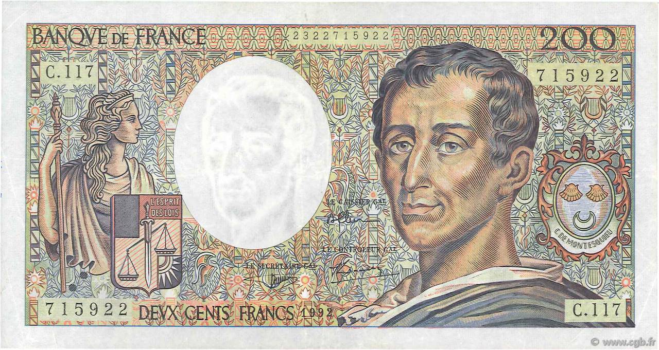 200 Francs MONTESQUIEU FRANCIA  1992 F.70.12b MBC