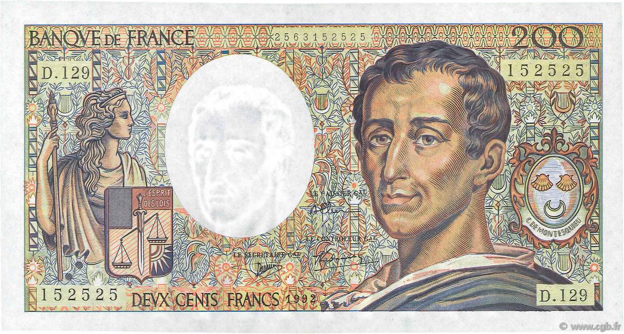 200 Francs MONTESQUIEU FRANKREICH  1992 F.70.12c fST+