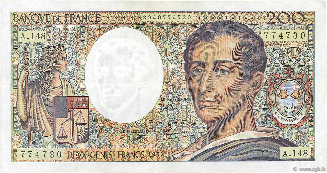 200 Francs MONTESQUIEU FRANCE  1992 F.70.12c XF-
