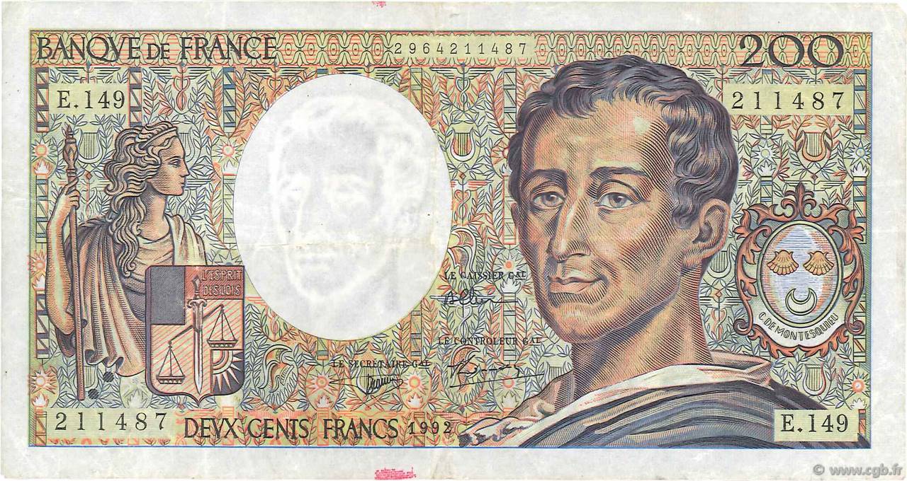 200 Francs MONTESQUIEU FRANCE  1992 F.70.12c TTB