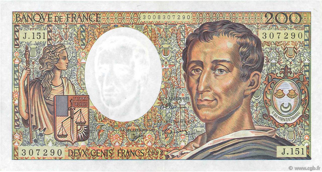 200 Francs MONTESQUIEU FRANCE  1992 F.70.12c XF+