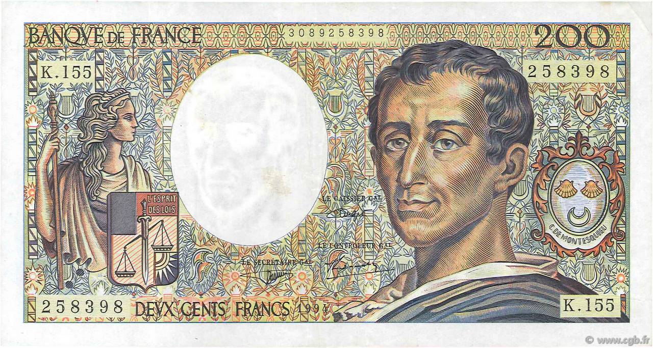 200 Francs MONTESQUIEU Modifié FRANCE  1994 F.70/2.01 VF+