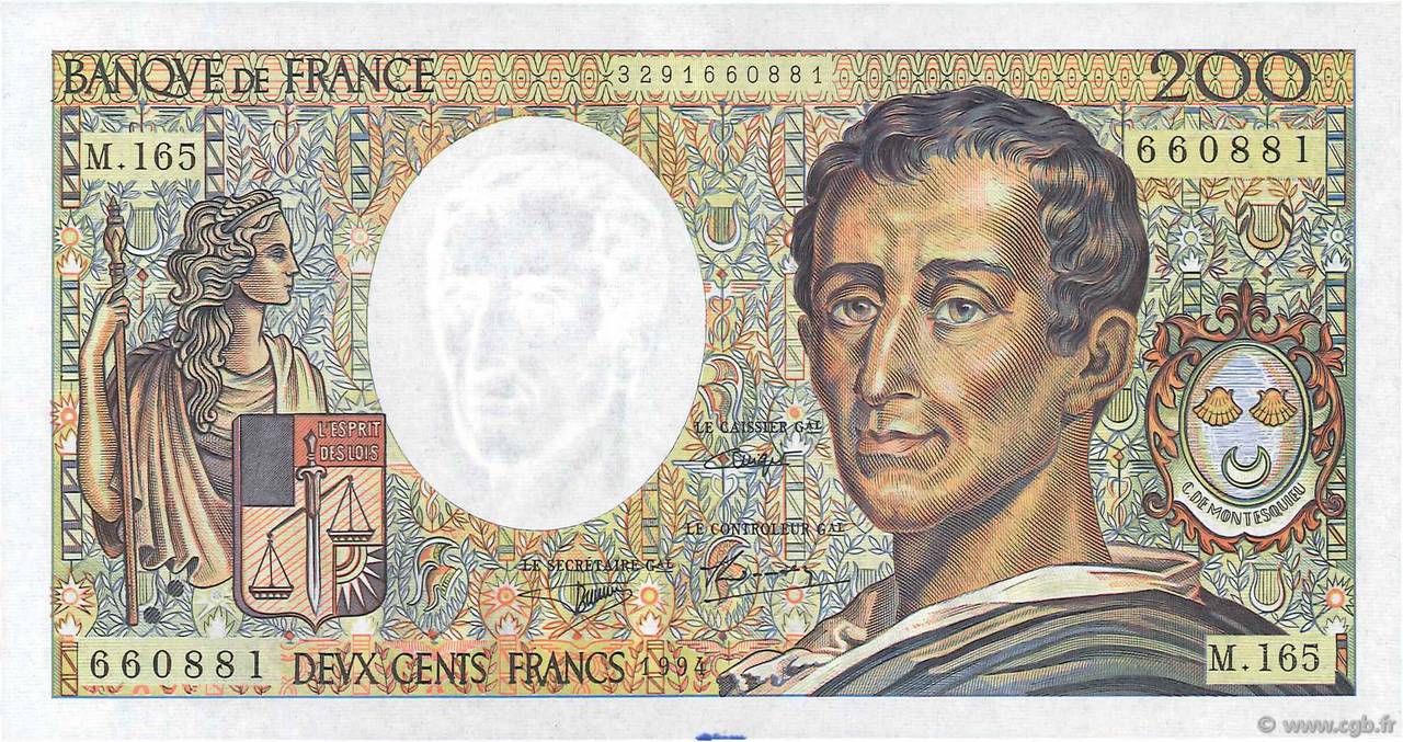 200 Francs MONTESQUIEU Modifié FRANKREICH  1994 F.70/2.01 VZ+