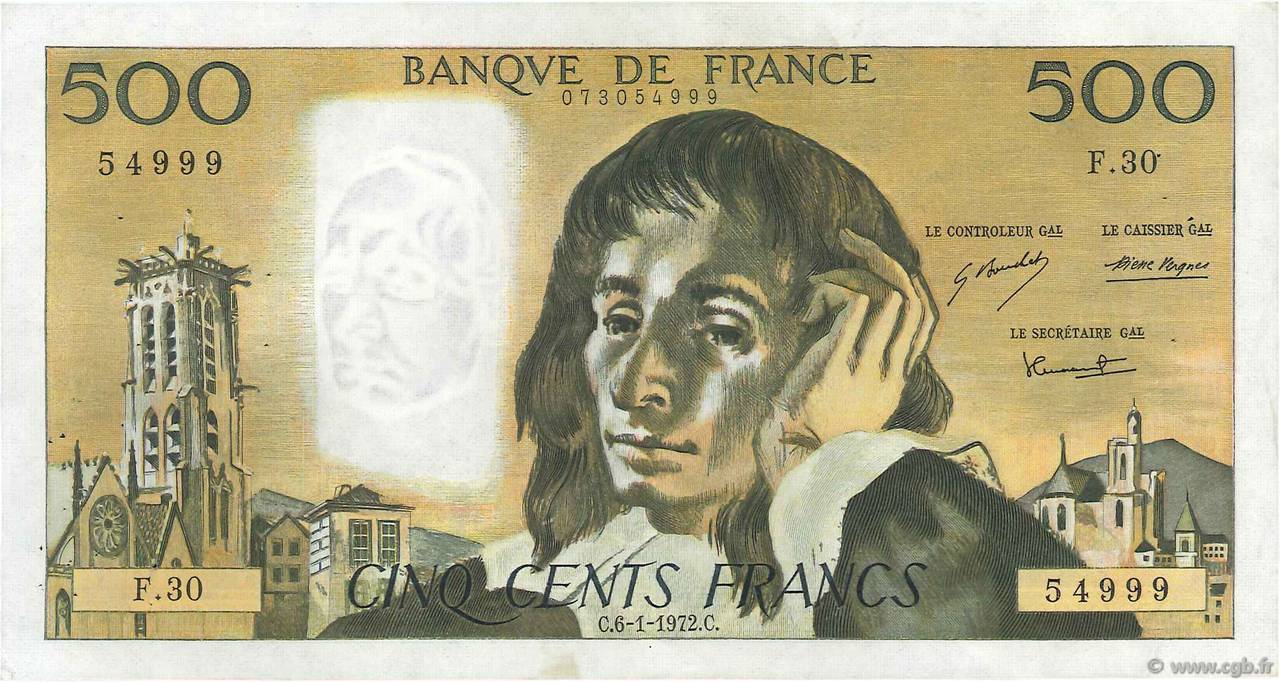 500 Francs PASCAL FRANCE  1972 F.71.08 VF+