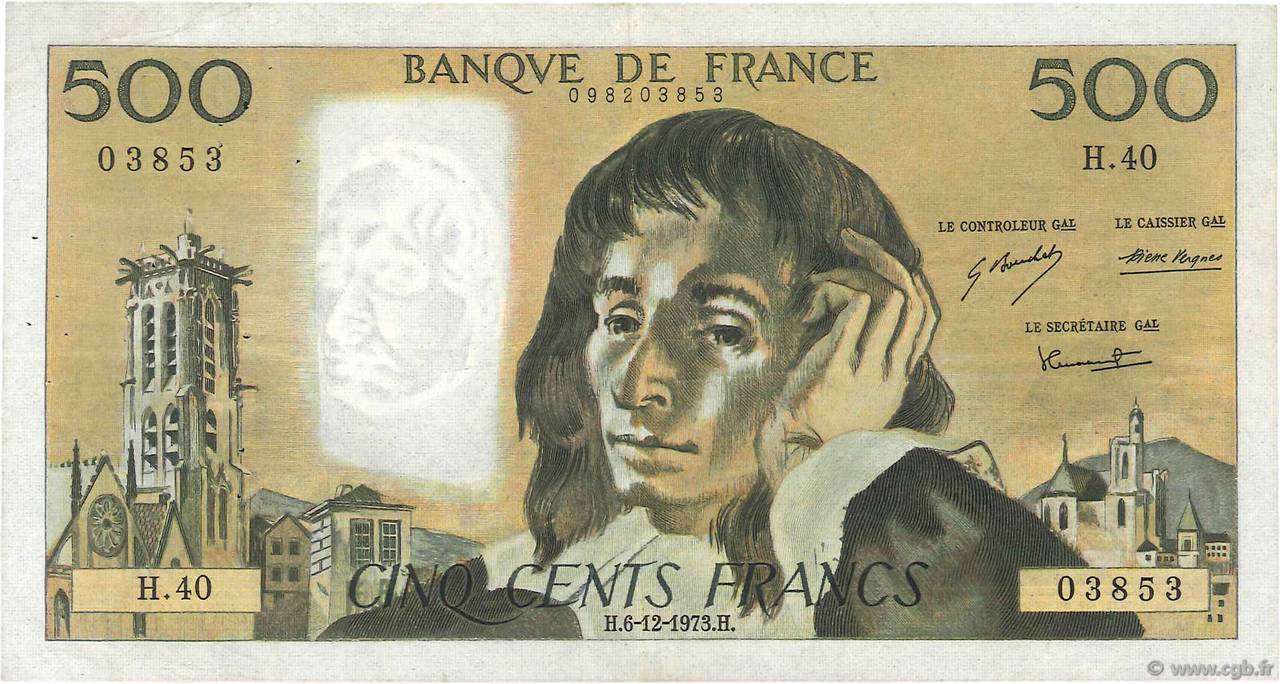 500 Francs PASCAL FRANKREICH  1973 F.71.10 SS