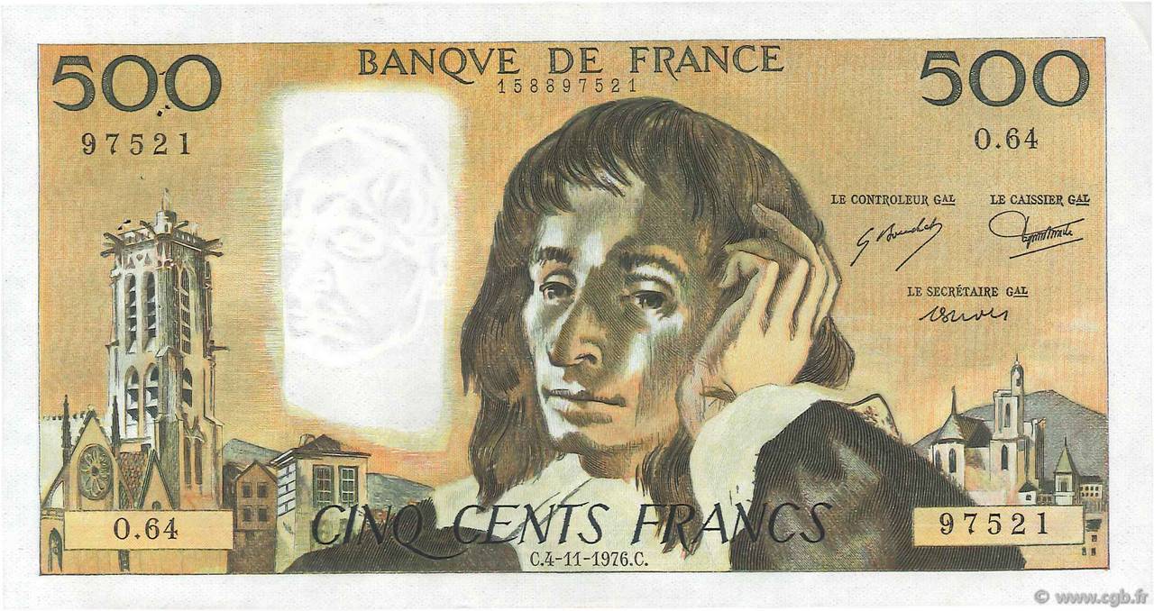 500 Francs PASCAL FRANKREICH  1976 F.71.15a VZ