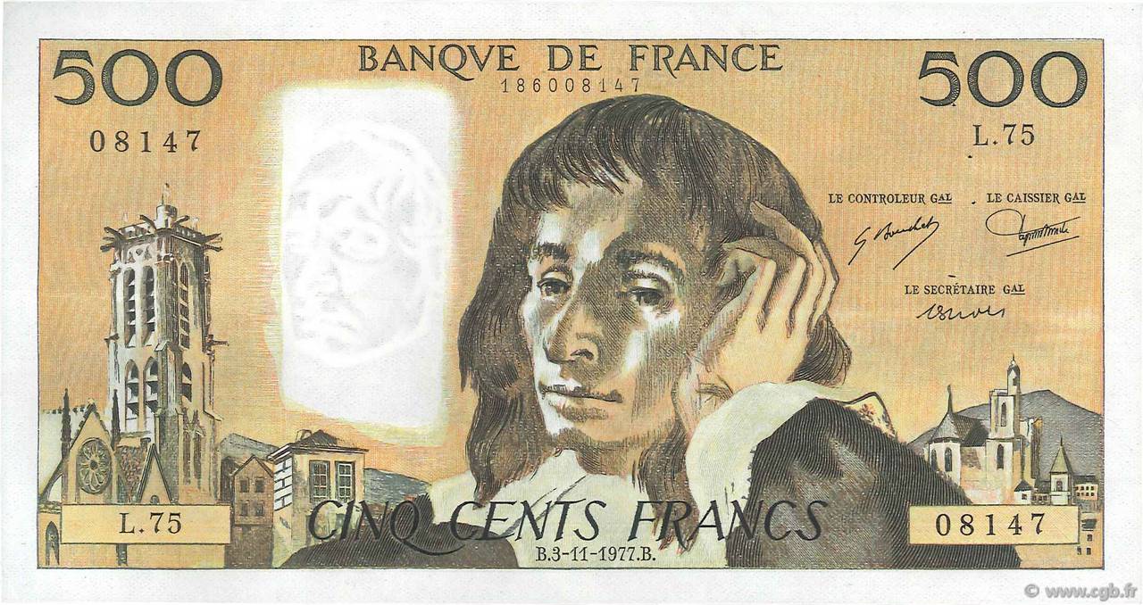 500 Francs PASCAL FRANKREICH  1977 F.71.17 VZ