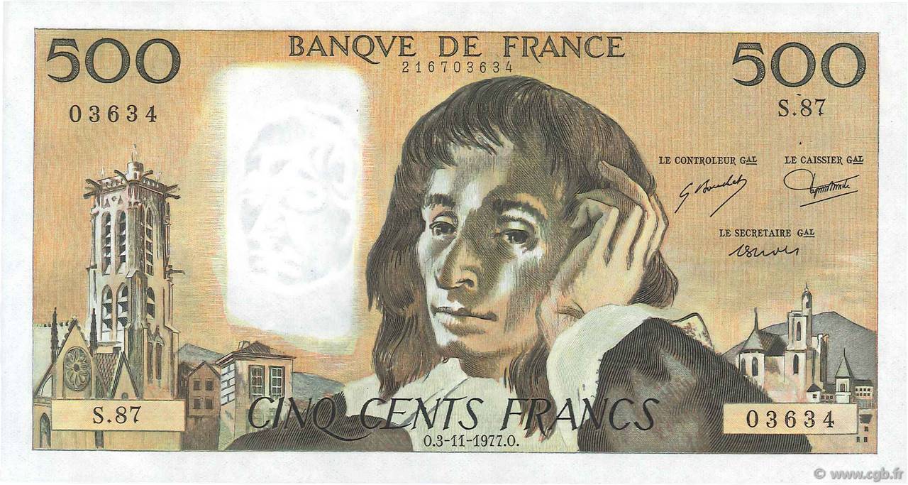 500 Francs PASCAL FRANKREICH  1977 F.71.17 VZ+