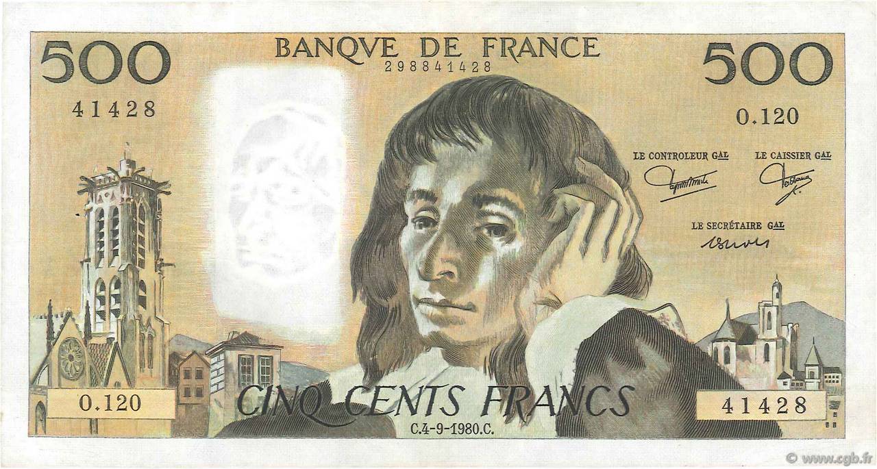 500 Francs PASCAL FRANCE  1980 F.71.22 VF+