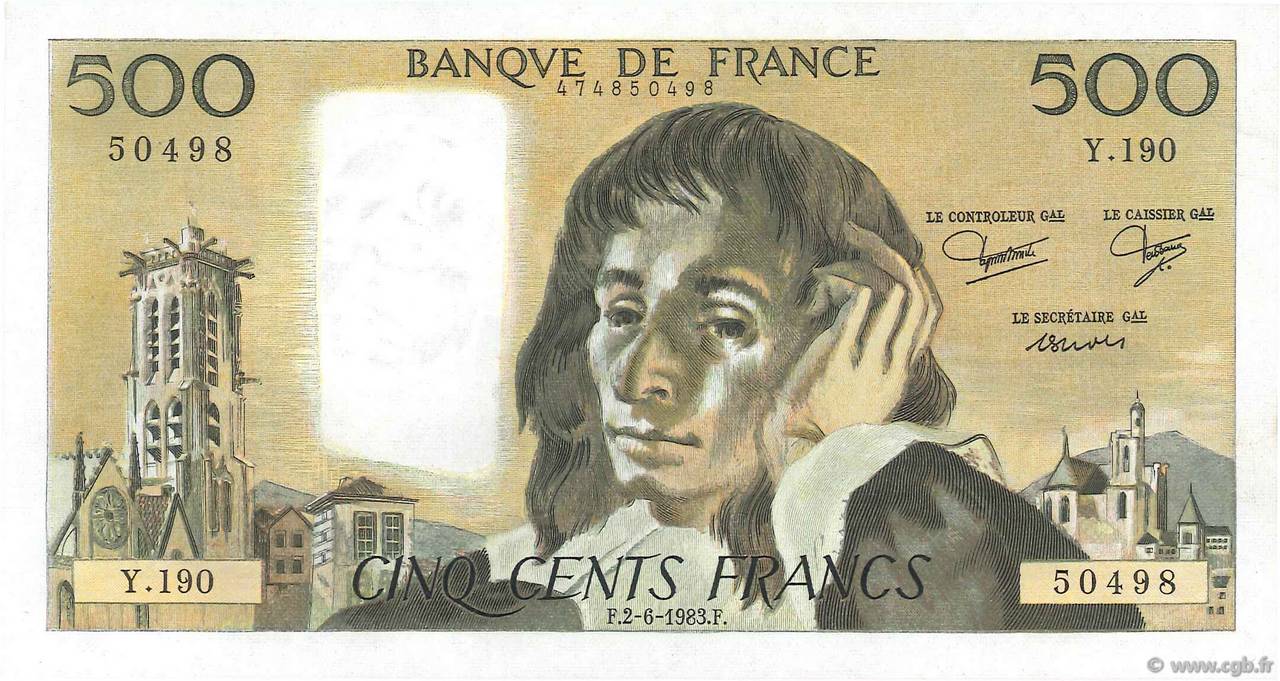 500 Francs PASCAL FRANCE  1983 F.71.29 UNC-