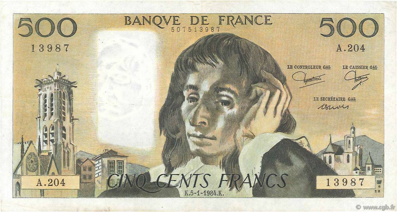 500 Francs PASCAL FRANCE  1984 F.71.30 VF