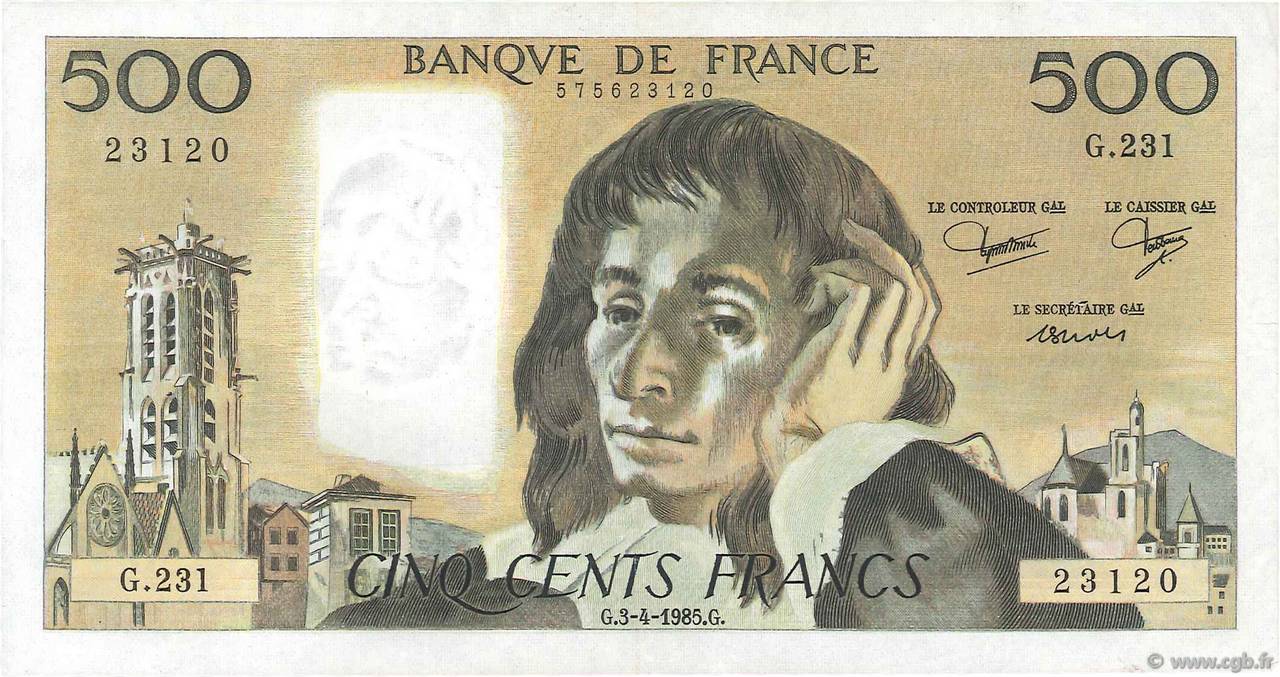 500 Francs PASCAL FRANCE  1985 F.71.33 VF+