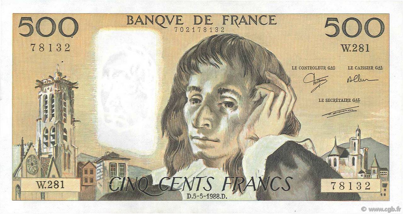 500 Francs PASCAL FRANCE  1988 F.71.39 XF-