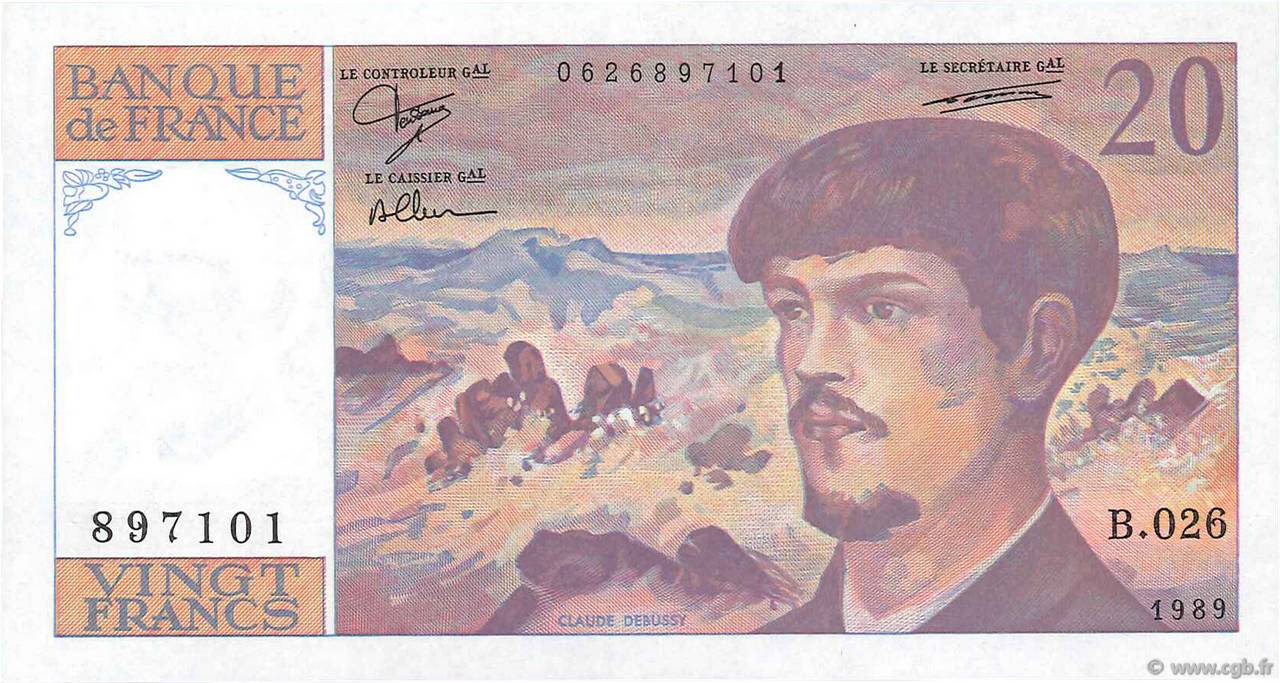 20 Francs DEBUSSY FRANCIA  1989 F.66.10B26 SC+