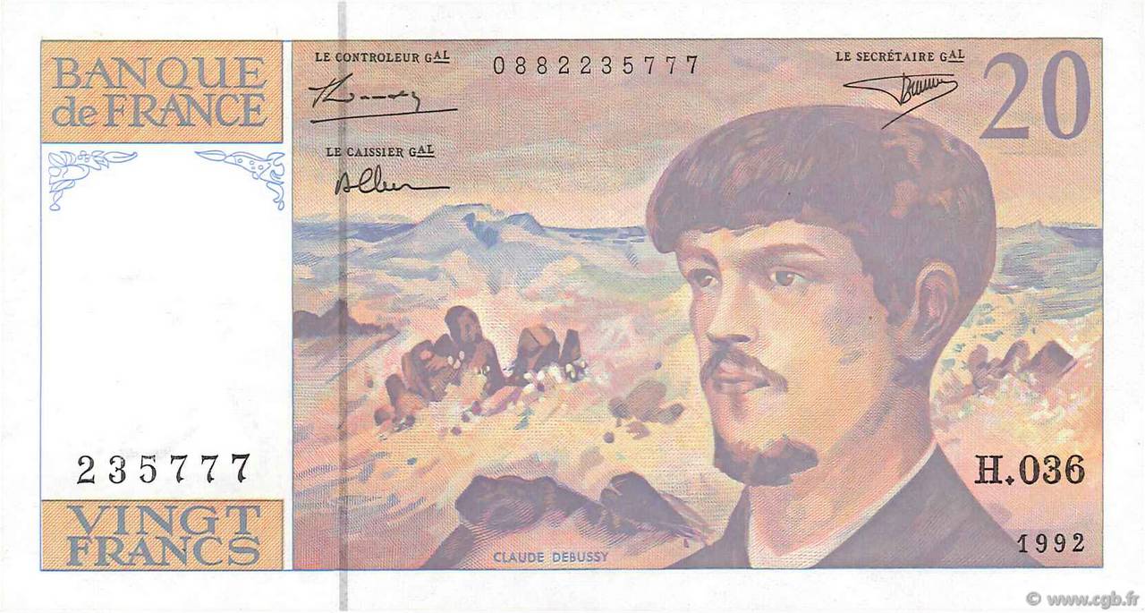 20 Francs DEBUSSY à fil de sécurité FRANCE  1992 F.66bis.03 SPL