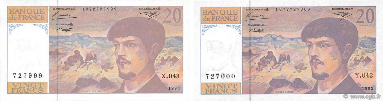 20 Francs DEBUSSY à fil de sécurité Consécutifs FRANCIA  1993 F.66bis.05 q.FDC