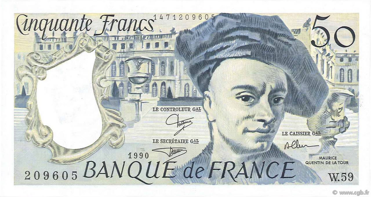 50 Francs QUENTIN DE LA TOUR FRANCIA  1990 F.67.16 q.FDC