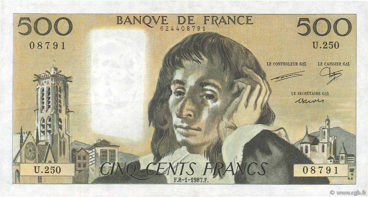 500 Francs PASCAL FRANCE  1987 F.71.35 XF