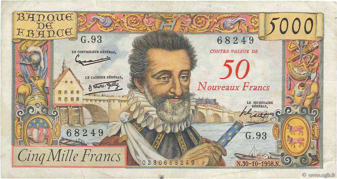 50 NF sur 5000 Francs HENRI IV FRANKREICH  1958 F.54.01 fSS