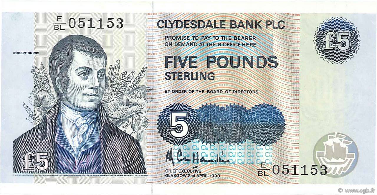 5 Pounds SCOTLAND  1990 P.218a q.FDC