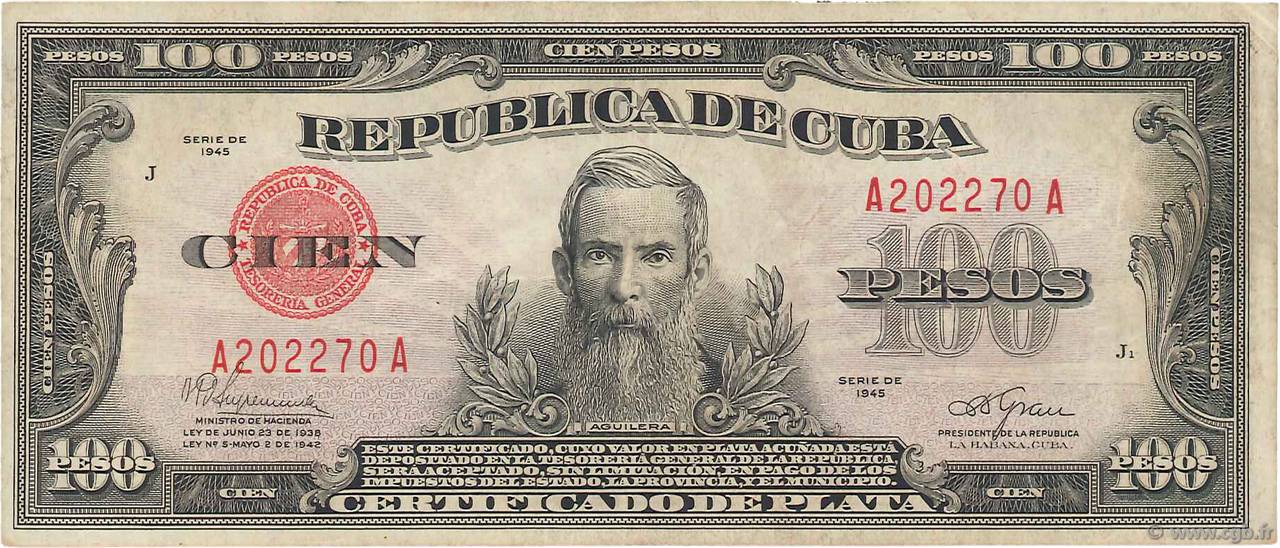 100 Pesos CUBA  1945 P.074d VF