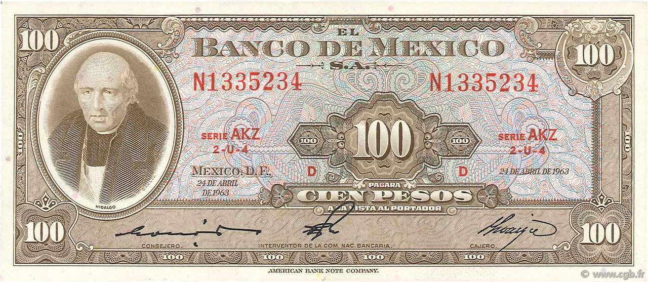 100 Pesos MEXICO  1963 P.061b UNC