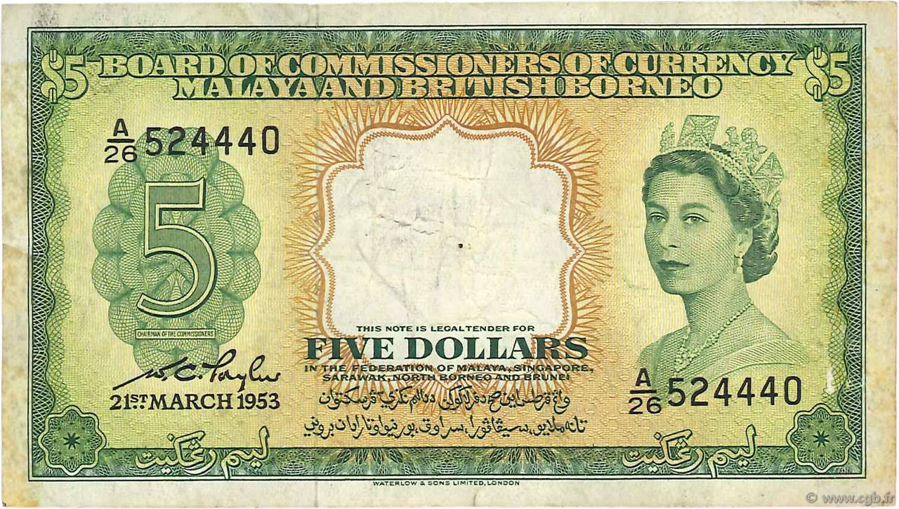 5 Dollars MALAYA y BRITISH BORNEO  1953 P.02a BC