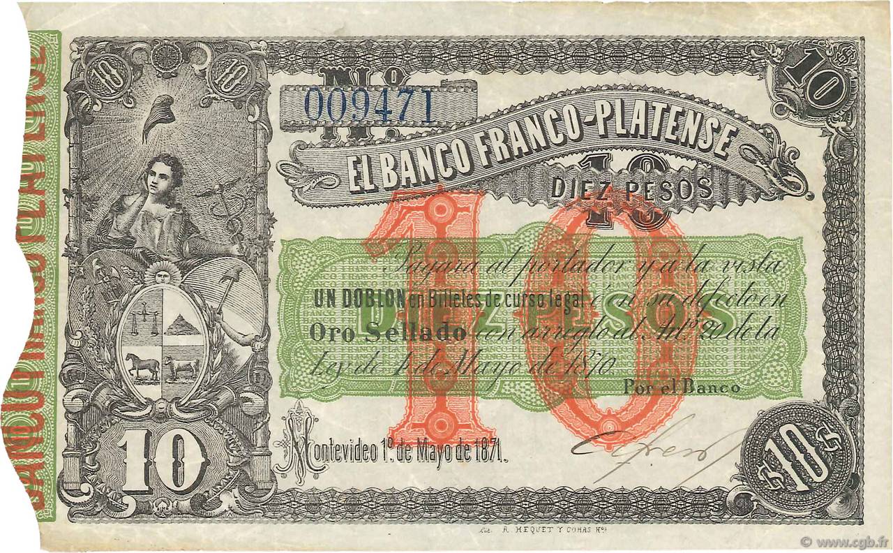 10 Pesos URUGUAY  1871 PS.171a VF