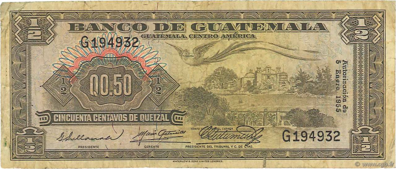 1/2 Quetzal GUATEMALA  1955 P.029 B