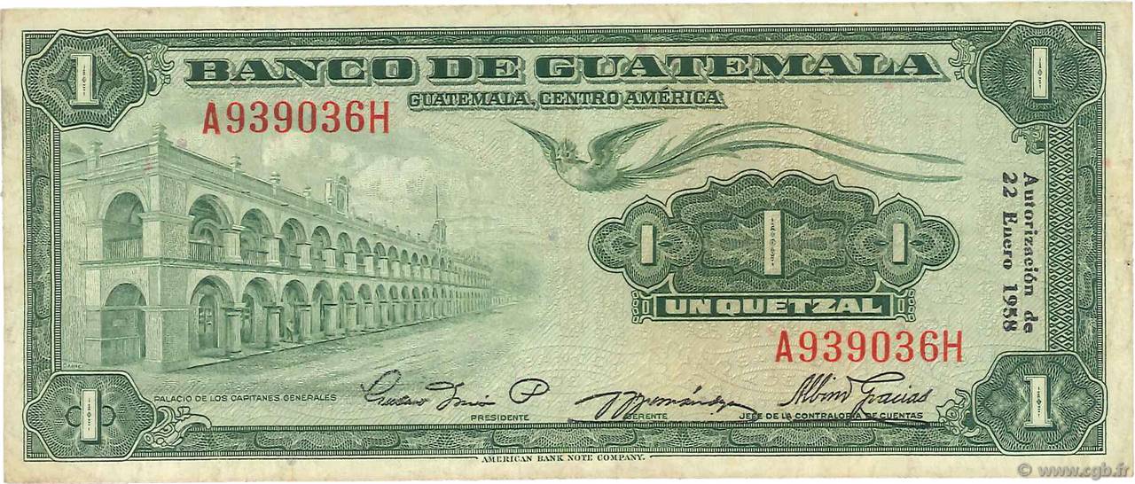 1 Quetzal GUATEMALA  1958 P.036b VF